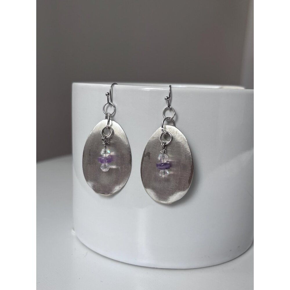 Handmade UpCycled Silverware Earrings amethyst crystal beads: Silverware Jewelry